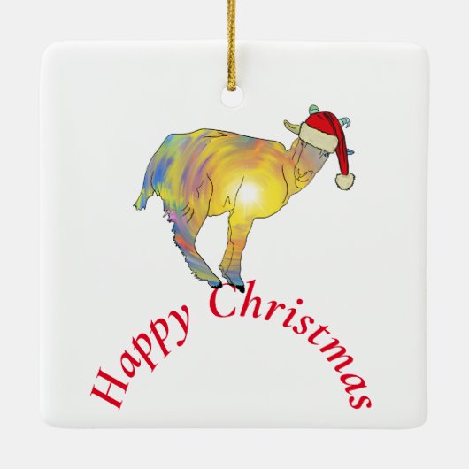 サンタハットに住むクリスマスヤギ セラミックオーナメント (裏面)