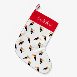 サンタハットに咲くクリスマスパターンのトロピカルトゥーカン スモールクリスマスストッキング