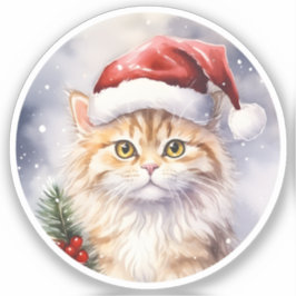 サンタハットに咲く冬の美しいクリスマス猫 シール