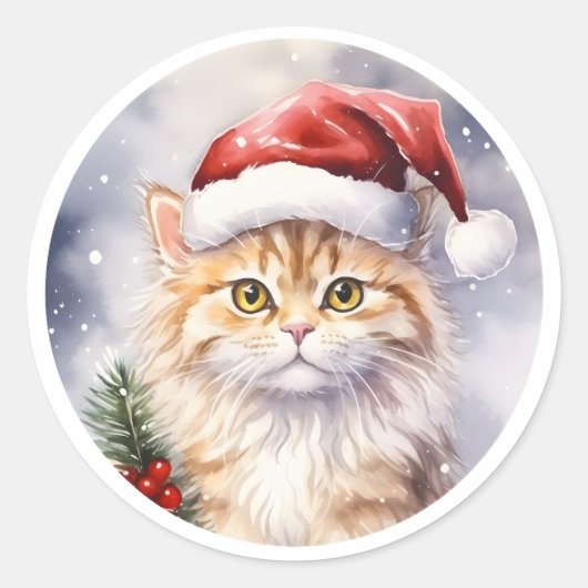 サンタハットに咲く冬の美しいクリスマス猫 ラウンドシール (正面)