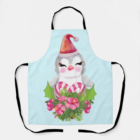 サンタハットに咲く可愛いクリスマスペンギン エプロン (正面)