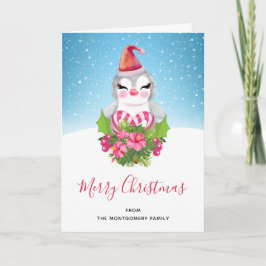 サンタハットに咲く可愛いクリスマスペンギン カード