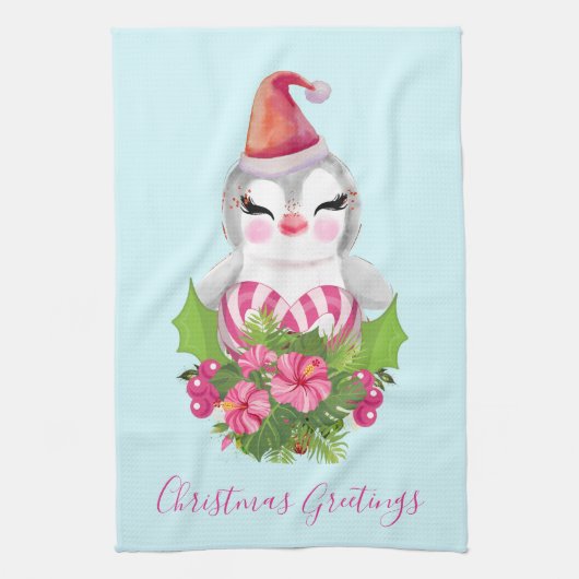 サンタハットに咲く可愛いクリスマスペンギン キッチンタオル (縦)