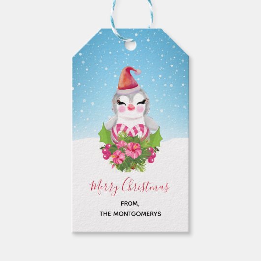 サンタハットに咲く可愛いクリスマスペンギン ギフトタグ (正面)