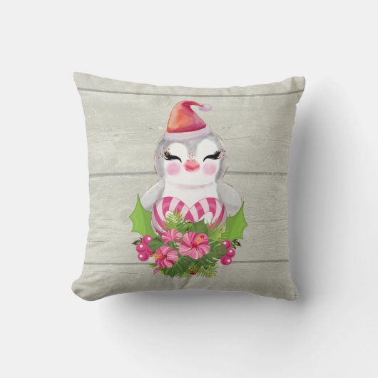 サンタハットに咲く可愛いクリスマスペンギン クッション (正面)