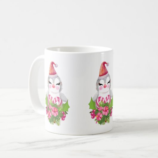 サンタハットに咲く可愛いクリスマスペンギン コーヒーマグカップ (正面左)