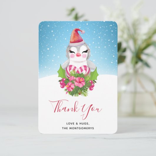 サンタハットに咲く可愛いクリスマスペンギン サンキューカード (スタンド正面)