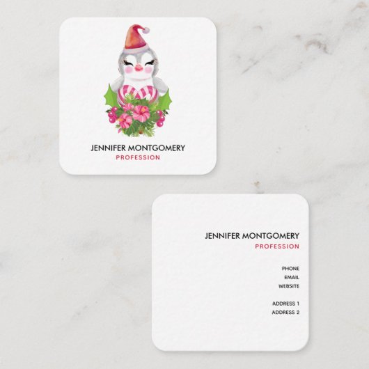 サンタハットに咲く可愛いクリスマスペンギン スクエア名刺 (正面/裏面)