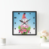 サンタハットに咲く可愛いクリスマスペンギン スクエア壁時計 (ホーム)