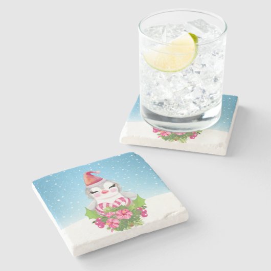 サンタハットに咲く可愛いクリスマスペンギン ストーンコースター (横)