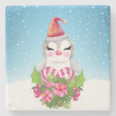 サンタハットに咲く可愛いクリスマスペンギン ストーンコースター (正面)