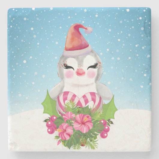 サンタハットに咲く可愛いクリスマスペンギン ストーンコースター (正面)