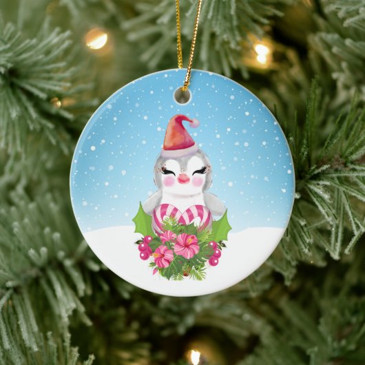 サンタハットに咲く可愛いクリスマスペンギン セラミックオーナメント (ツリー)