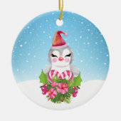 サンタハットに咲く可愛いクリスマスペンギン セラミックオーナメント (正面)