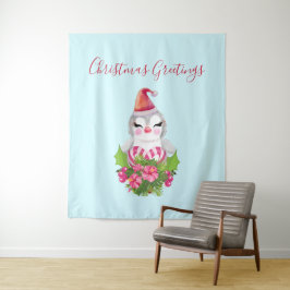 サンタハットに咲く可愛いクリスマスペンギン タペストリー