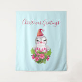 サンタハットに咲く可愛いクリスマスペンギン タペストリー (正面)