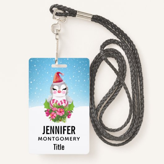 サンタハットに咲く可愛いクリスマスペンギン バッジ (裏面ランヤード)