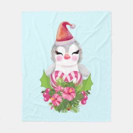 サンタハットに咲く可愛いクリスマスペンギン フリースブランケット