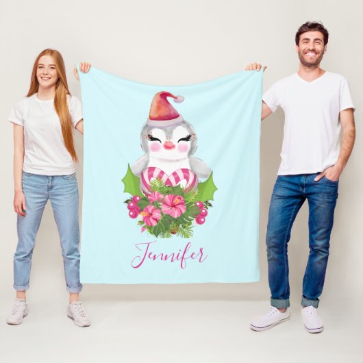 サンタハットに咲く可愛いクリスマスペンギン フリースブランケット (インサイチュ)