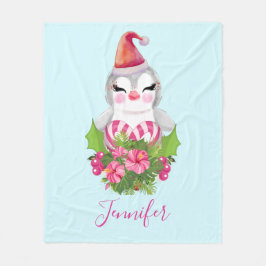サンタハットに咲く可愛いクリスマスペンギン フリースブランケット
