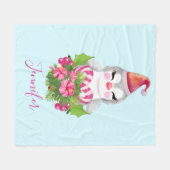 サンタハットに咲く可愛いクリスマスペンギン フリースブランケット (正面(横))