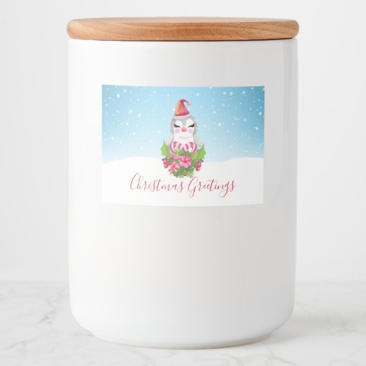 サンタハットに咲く可愛いクリスマスペンギン フードラベル (正面)
