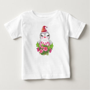 サンタハットに咲く可愛いクリスマスペンギン ベビーTシャツ
