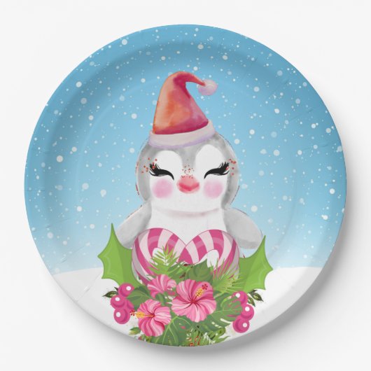 サンタハットに咲く可愛いクリスマスペンギン ペーパープレート (正面)