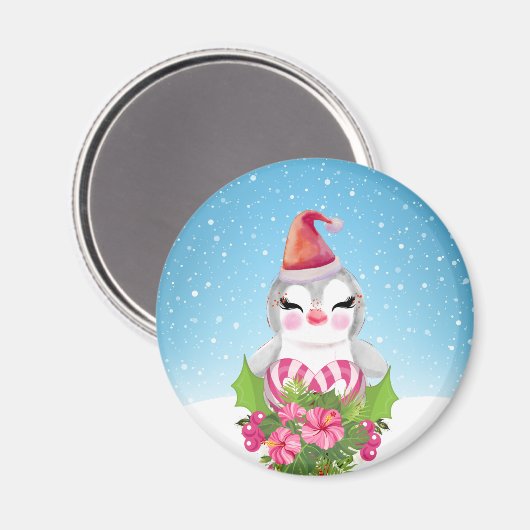 サンタハットに咲く可愛いクリスマスペンギン マグネット (正面/裏面)