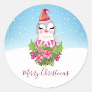 サンタハットに咲く可愛いクリスマスペンギン ラウンドシール