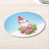 サンタハットに咲く可愛いクリスマスペンギン ラウンドペーパーコースター (アングル)