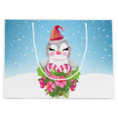 サンタハットに咲く可愛いクリスマスペンギン ラージペーパーバッグ (正面)