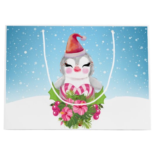 サンタハットに咲く可愛いクリスマスペンギン ラージペーパーバッグ (正面)