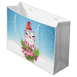 サンタハットに咲く可愛いクリスマスペンギン ラージペーパーバッグ
