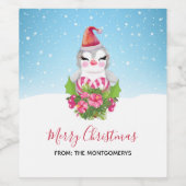 サンタハットに咲く可愛いクリスマスペンギン ワインラベル (シングルラベル)