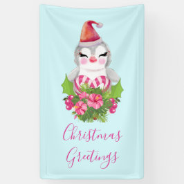 サンタハットに咲く可愛いクリスマスペンギン 横断幕
