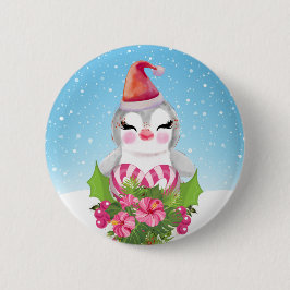サンタハットに咲く可愛いクリスマスペンギン 缶バッジ