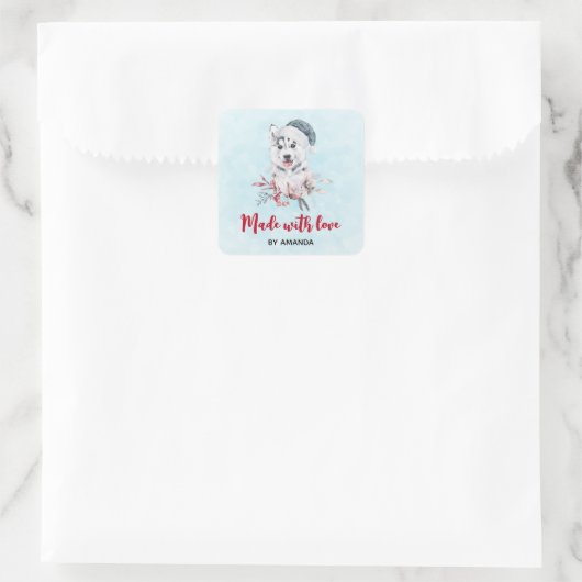 サンタハットに愛のクリスマスハスキー犬で作られた スクエアシール (バッグ)