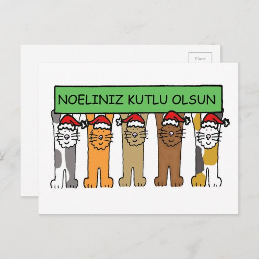サンタハットに登場するトルコのクリスマスの風刺猫 シーズンポストカード (正面/裏面)