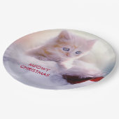 サンタハットに眠るクリスマスに休むかわいい子猫 ペーパープレート (アングル)