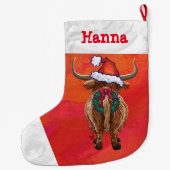 サンタハットに赤いカワイハイランド牛 ラージクリスマスストッキング (裏面)