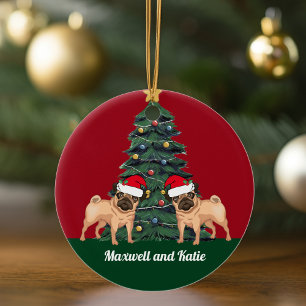 サンタハットのかわいいで二人のパグクリスマスドッグカスタム セラミックオーナメント