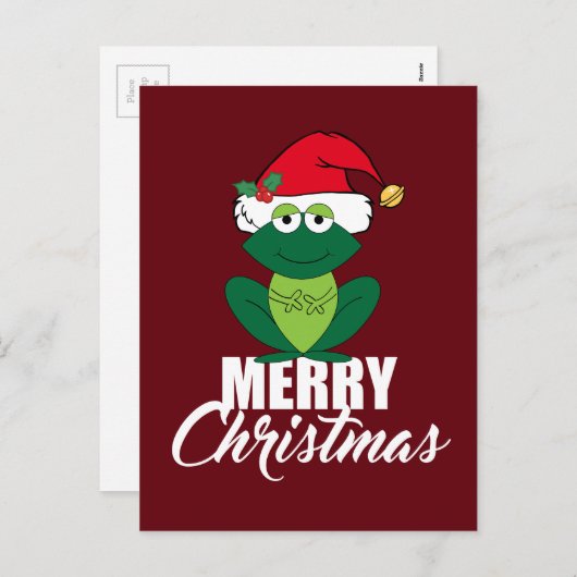 サンタハットのかわいい赤でメリークリスマスのカエル シーズンポストカード (正面/裏面)