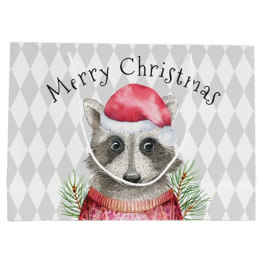 サンタハットのアライグマとハーレクインパターン ラージペーパーバッグ (裏面)