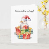 サンタハットのカモメおもしろいのクリスマスプレゼント カード (黄色い花)