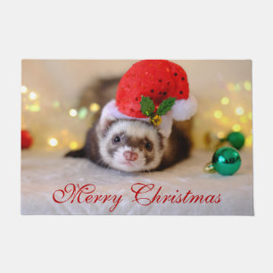 サンタハットのクリスマスにかわいいフェレット ドアマット