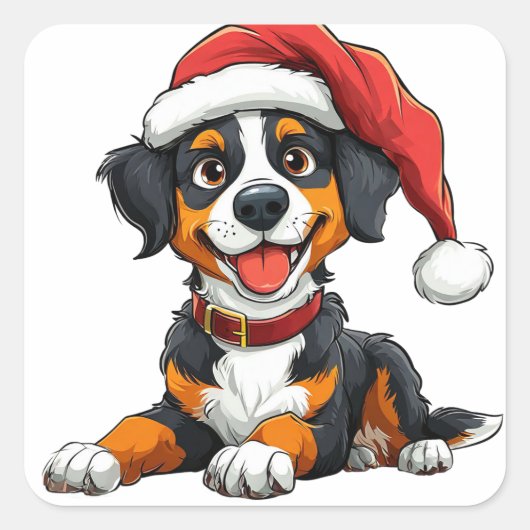 サンタハットのクリスマスに祝かわいい犬 スクエアシール (正面)