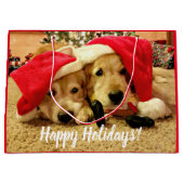 サンタハットのクリスマスに2頭のゴールデン·レトリーバー犬 ラージペーパーバッグ (正面)
