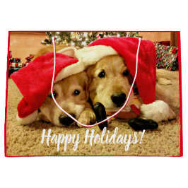サンタハットのクリスマスに2頭のゴールデン·レトリーバー犬 ラージペーパーバッグ