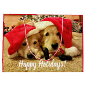 サンタハットのクリスマスに2頭のゴールデン·レトリーバー犬 ラージペーパーバッグ (裏面)